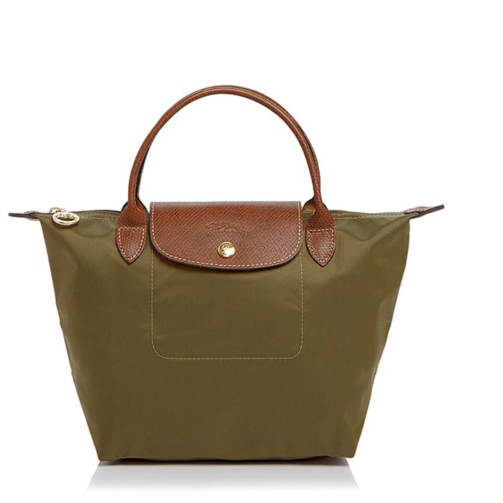 Longchamp Olive Green Nylon Tote with Brown Leather Trim
